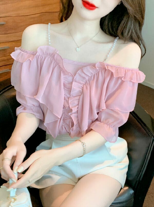 Pretty Lady 2 Colors Pearl Straps Flouncing Boat Neck Blouse 1