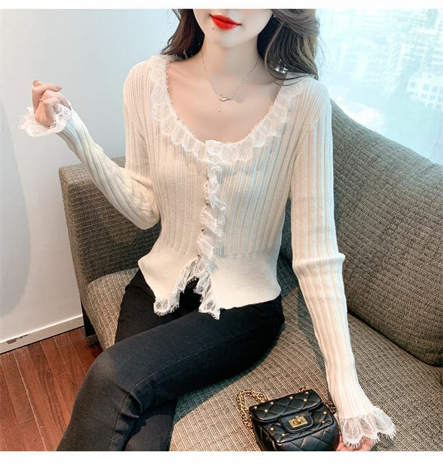 Pretty Lady 3 Colors Lace Flouncing Splice Knit T-shirts