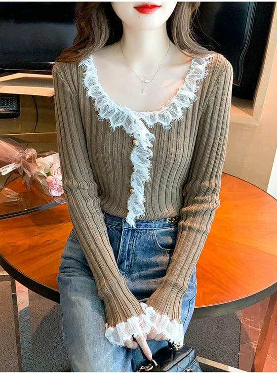 Pretty Lady 3 Colors Lace Flouncing Splice Knit T-shirts