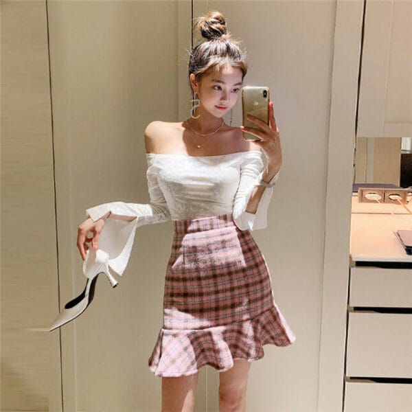 Pretty Lady Boat Neck Knitting Tops with Plaids Fishtail Skirt 5