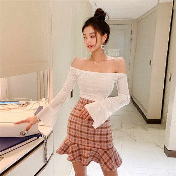 Pretty Lady Boat Neck Knitting Tops with Plaids Fishtail Skirt 3