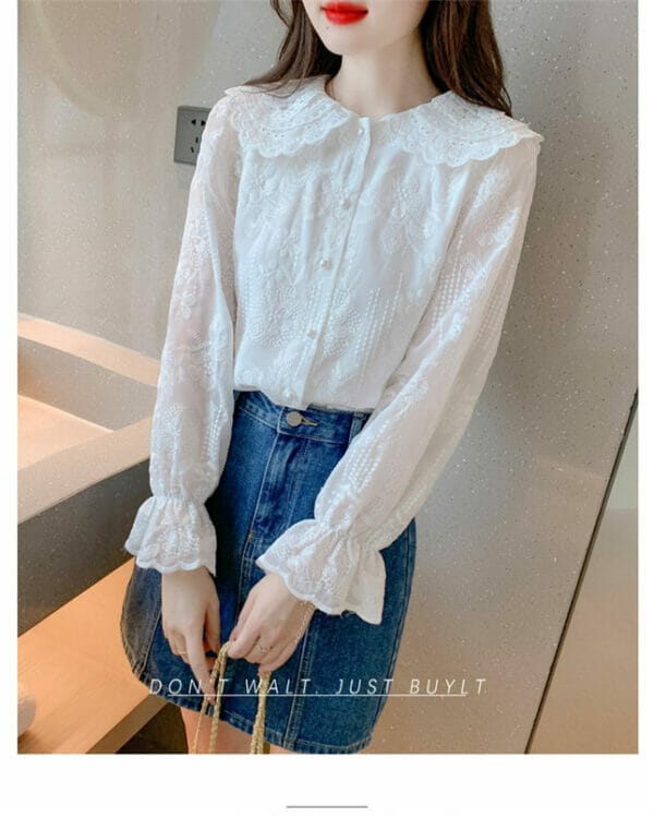 Pretty Lady Doll Collar Lace Flowers Embroidery Blouse 5