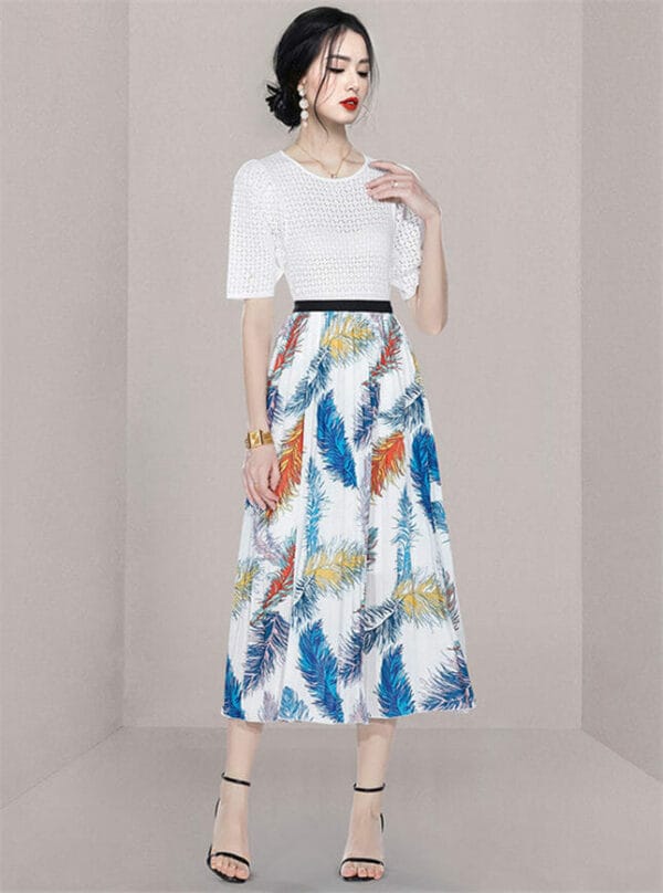 Pretty Lady Knitting Tops with Elastic Waist Pleated Long Skirt 2