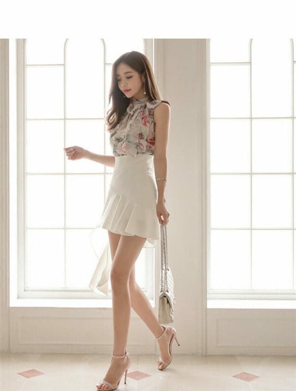 Pretty Lady Off Shoulder Flowers Blouse with Fishtail Short Skirt 5