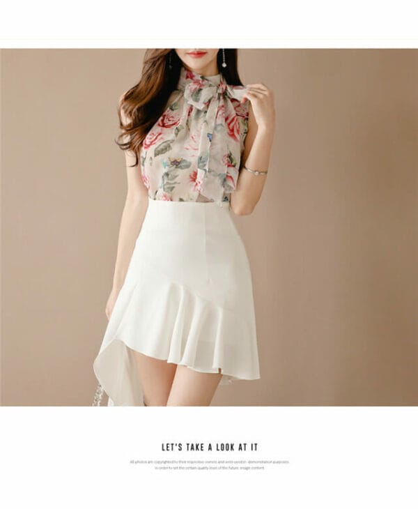 Pretty Lady Off Shoulder Flowers Blouse with Fishtail Short Skirt 3