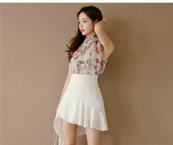 Pretty Lady Off Shoulder Flowers Blouse with Fishtail Short Skirt 2