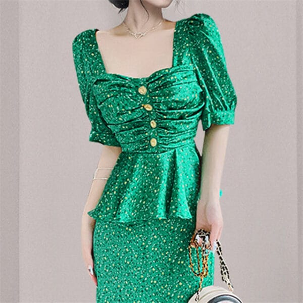 Pretty Lady Pleated Square Collar Flouncing Flowers Dress Set 4