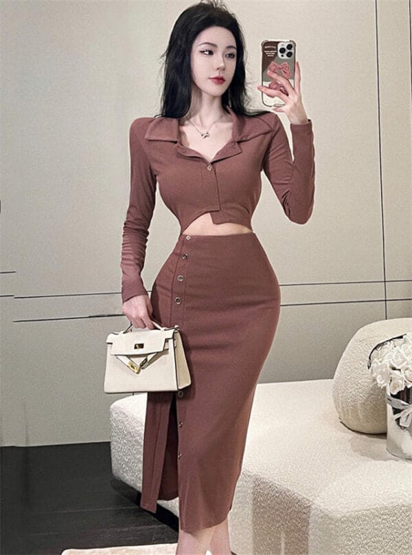 Pretty Lady Shirt Collar High Waist Split Two Pieces Dress 1