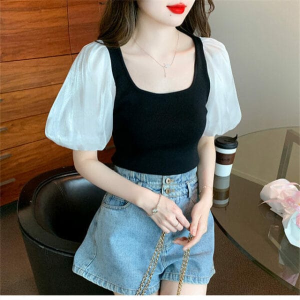 Pretty New 3 Colors Puff Sleeve Square Collar Knitting Blouse 5