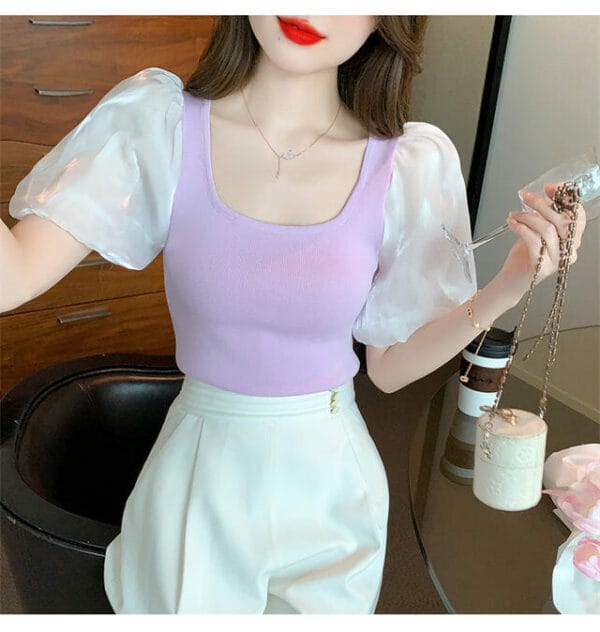 Pretty New 3 Colors Puff Sleeve Square Collar Knitting Blouse 2