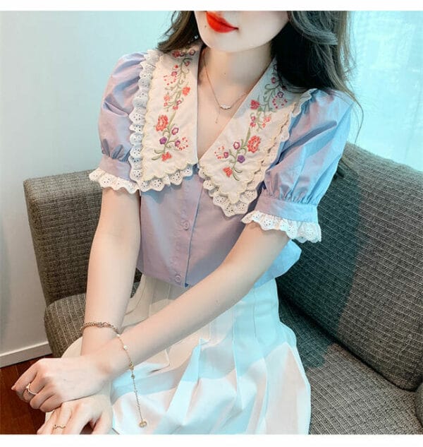 Pretty New Flowers Embroidery Doll Collar Short Sleeve Blouse 5