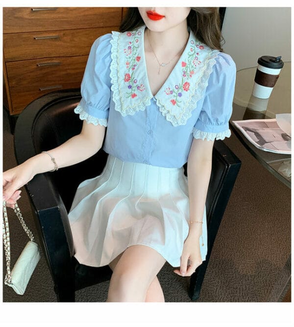 Pretty New Flowers Embroidery Doll Collar Short Sleeve Blouse 4