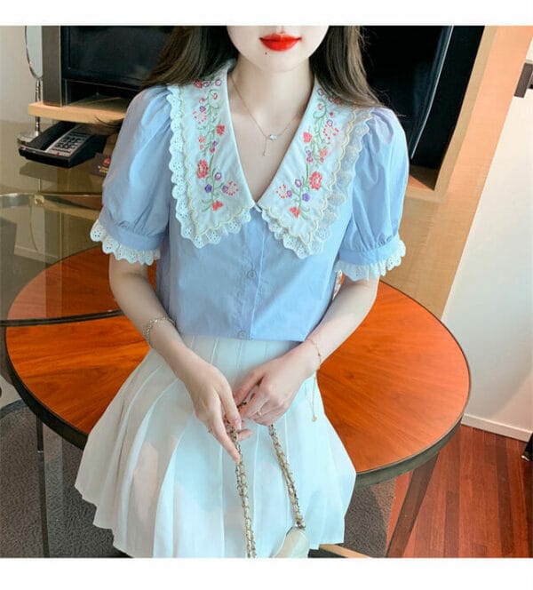 Pretty New Flowers Embroidery Doll Collar Short Sleeve Blouse 3