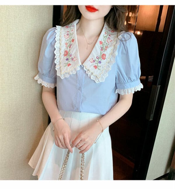 Pretty New Flowers Embroidery Doll Collar Short Sleeve Blouse 2