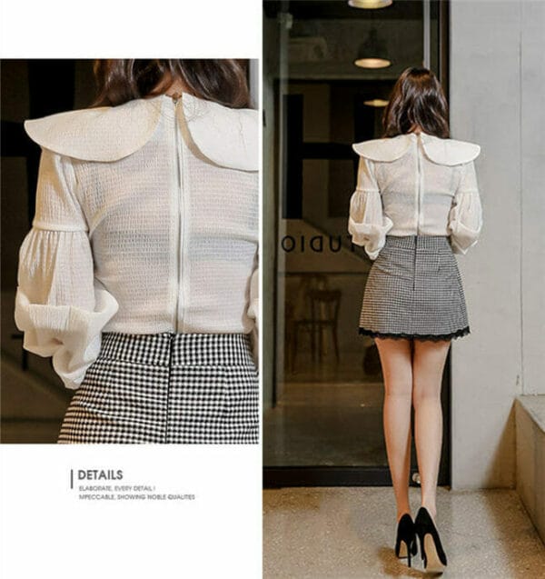 Pretty New Puff Sleeve Wraps Blouse with Houndstooth Skirt 5