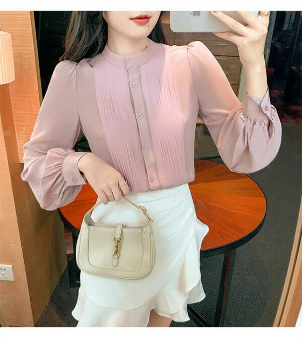 Pretty OL Fashion Pleated Round Neck Puff Sleeve Blouse 5