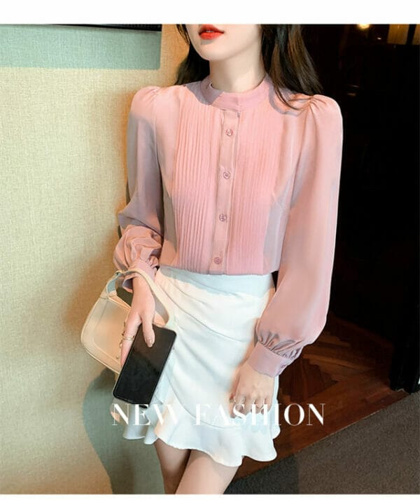 Pretty OL Fashion Pleated Round Neck Puff Sleeve Blouse 4