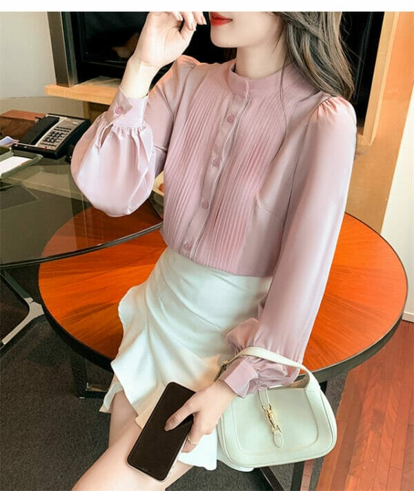 Pretty OL Fashion Pleated Round Neck Puff Sleeve Blouse 3