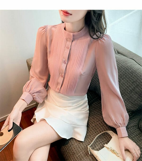 Pretty OL Fashion Pleated Round Neck Puff Sleeve Blouse 2