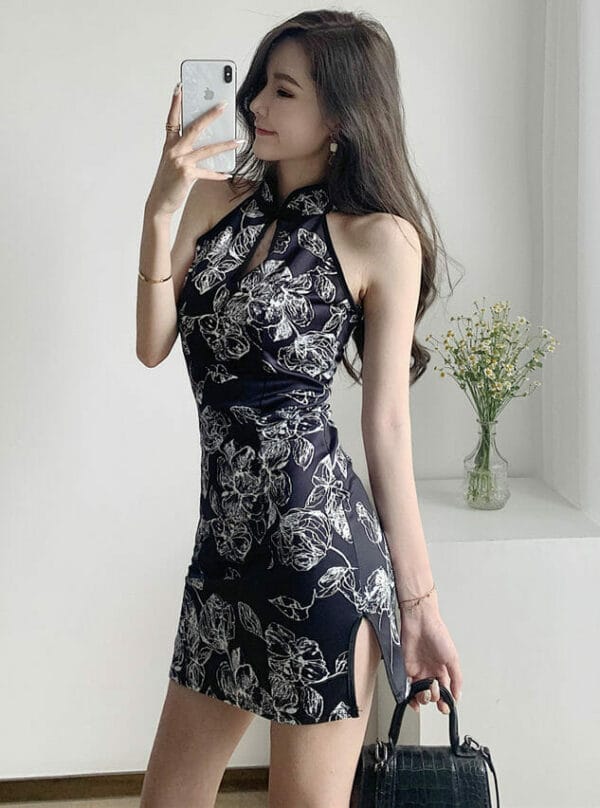 Pretty Off Shoulder Flowers Slim Cheongsam Dress 3