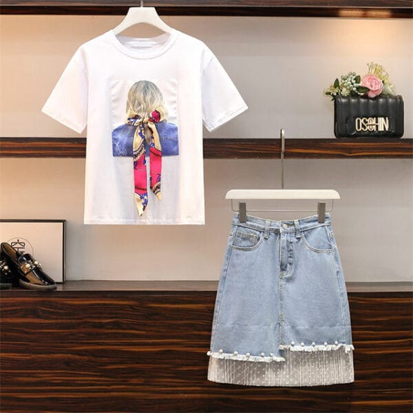 Pretty Plus Bowknot Girl T-shirt with Beads Denim Skirt 3