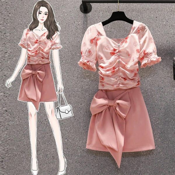 Pretty Plus Size Flowers Pleated Blouse with Bowknot A-line Skirt 2