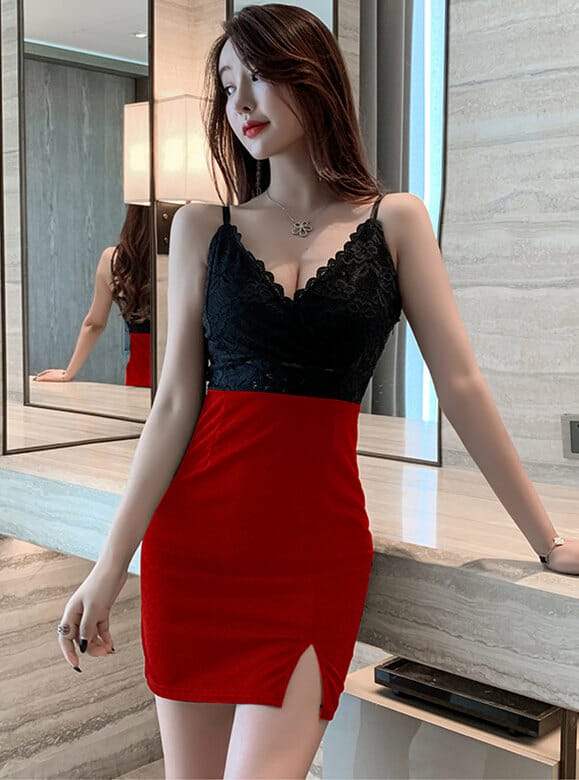 Pretty Sexy 2 Colors Lace V Neck Splicing Straps Dress • Seoulinspired