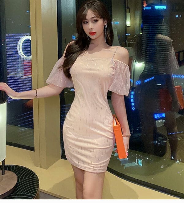 Pretty Sexy Boat Neck Shining Sequins Puff Sleeve Dress 2