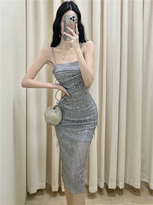 Pretty Sexy Sequins Tassels Pleated Straps Slim Dress 1