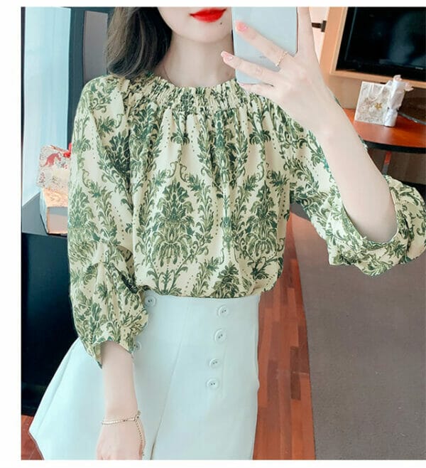 Pretty Spring Boat Neck Flowers Puff Sleeve Loosen Blouse 5