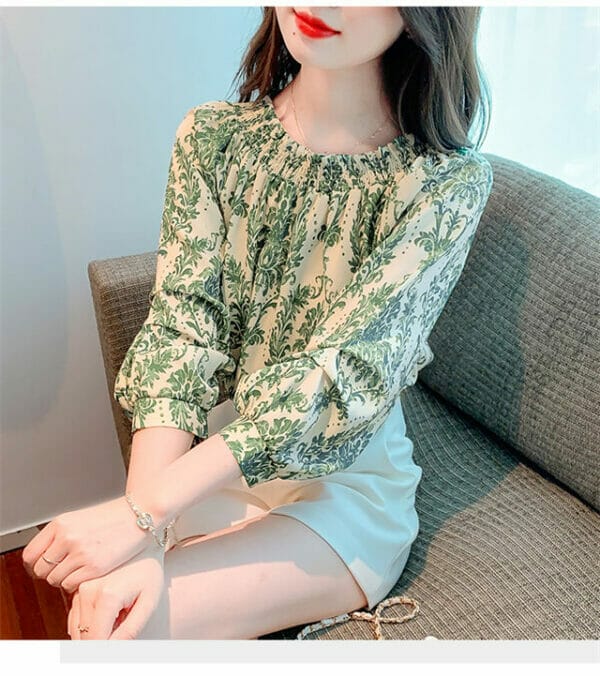 Pretty Spring Boat Neck Flowers Puff Sleeve Loosen Blouse 4