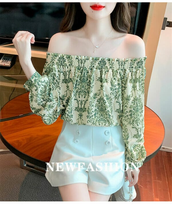 Pretty Spring Boat Neck Flowers Puff Sleeve Loosen Blouse 3