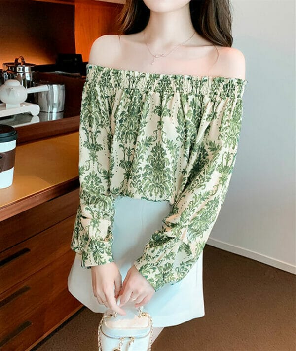 Pretty Spring Boat Neck Flowers Puff Sleeve Loosen Blouse 2