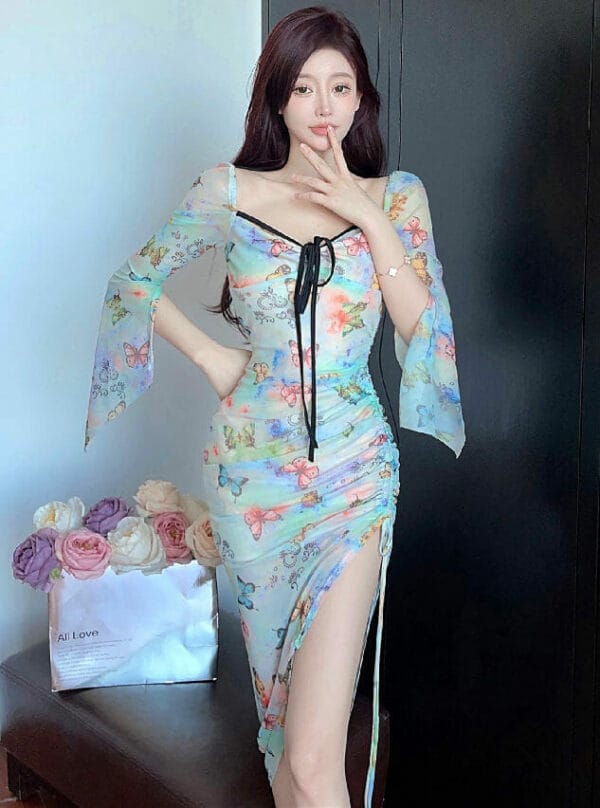 Pretty Square Collar Butterfly Draw-string Split Dress 1