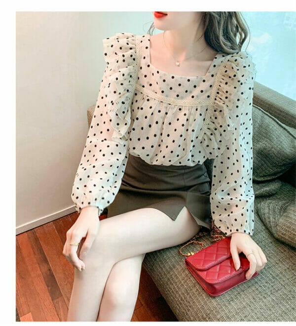 Pretty Square Collar Dots Puff Sleeve Blouse 5
