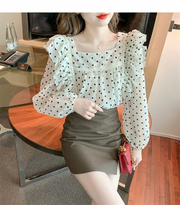 Pretty Square Collar Dots Puff Sleeve Blouse 3
