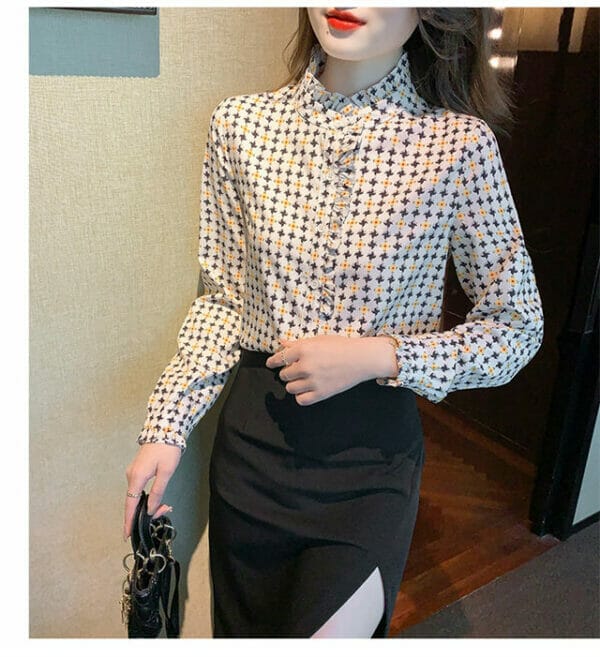 Pretty Stand Collar Flowers Long Sleeve Blouse 3