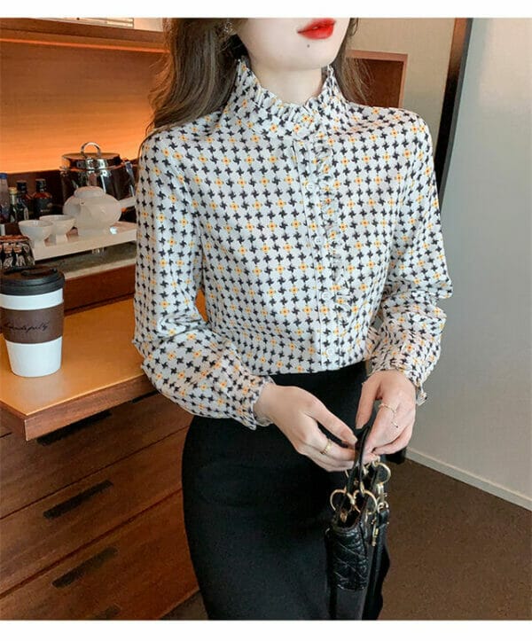 Pretty Stand Collar Flowers Long Sleeve Blouse 2