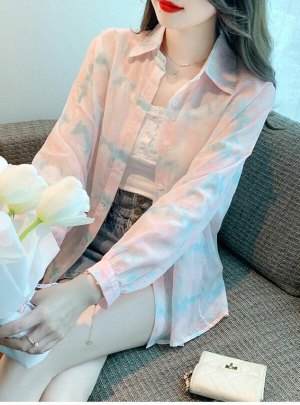 Pretty Summer Fashion Rainbow Puff Sleeve Chiffon Blouse 5