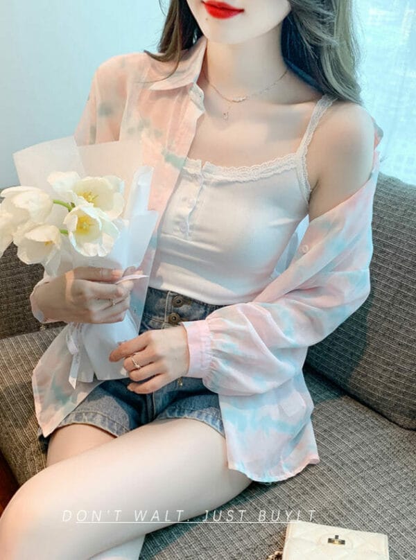 Pretty Summer Fashion Rainbow Puff Sleeve Chiffon Blouse 4