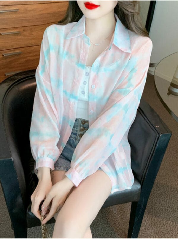 Pretty Summer Fashion Rainbow Puff Sleeve Chiffon Blouse 3