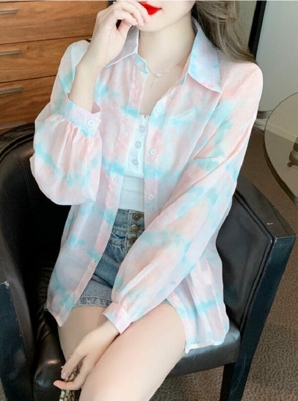 Pretty Summer Fashion Rainbow Puff Sleeve Chiffon Blouse 2