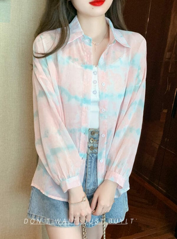 Pretty Summer Fashion Rainbow Puff Sleeve Chiffon Blouse 1