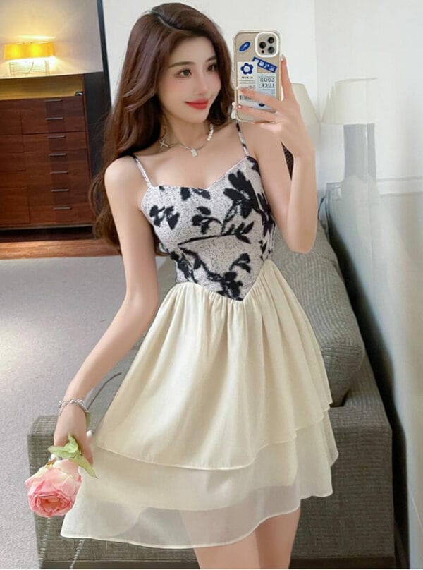 Pretty Summer Ink Flowers Splicing Fluffy Straps Dress 1