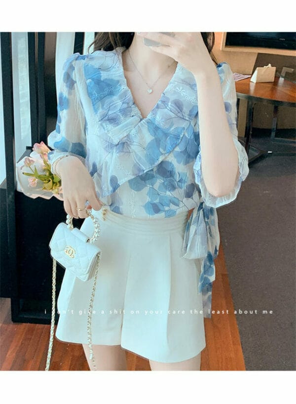 Pretty Summer V-neck Flowers Flouncing Puff Sleeve Blouse 4