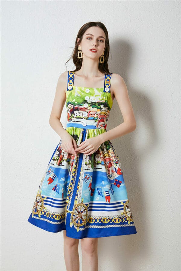 Pretty Summer Village Printings Straps A-line Dress 4