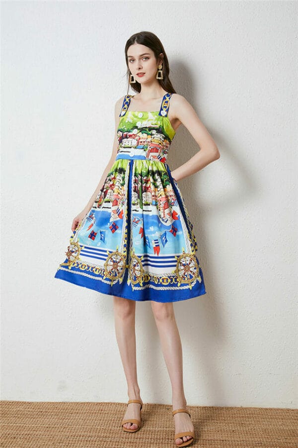 Pretty Summer Village Printings Straps A-line Dress 3