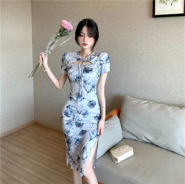 Pretty Tie Collar Flowers Slim Cheongsam Dress 5