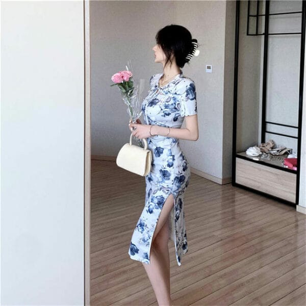 Pretty Tie Collar Flowers Slim Cheongsam Dress 4