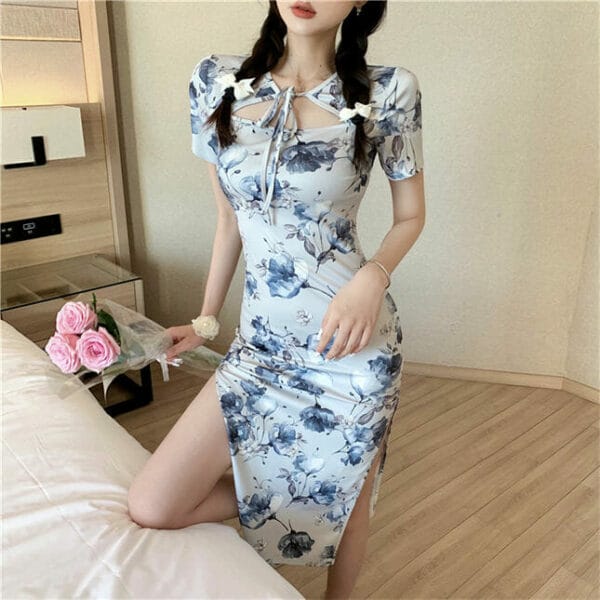 Pretty Tie Collar Flowers Slim Cheongsam Dress 3